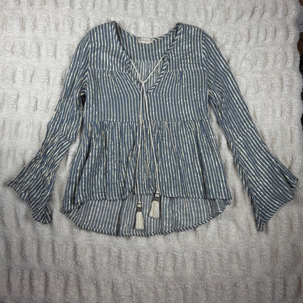Altar'd State Blue Gold Metallic Striped Bell Sleeve Tassel Top ET54486VYA M